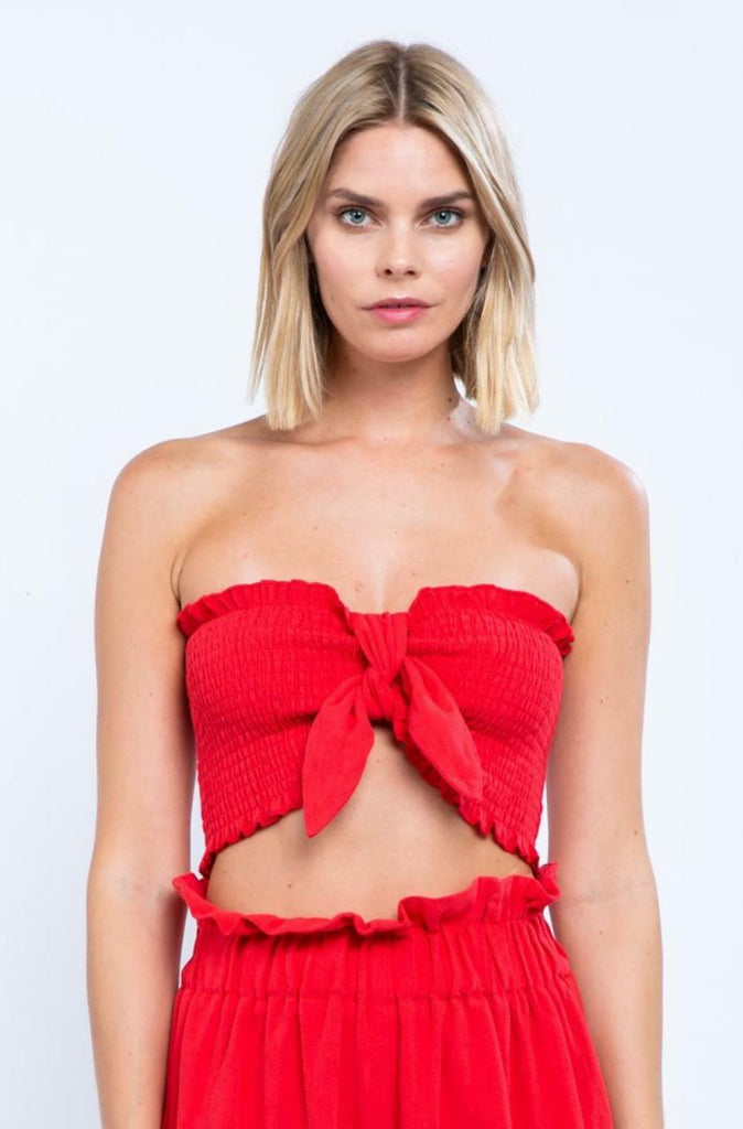 Red Knotted Front Smocked Tube Top