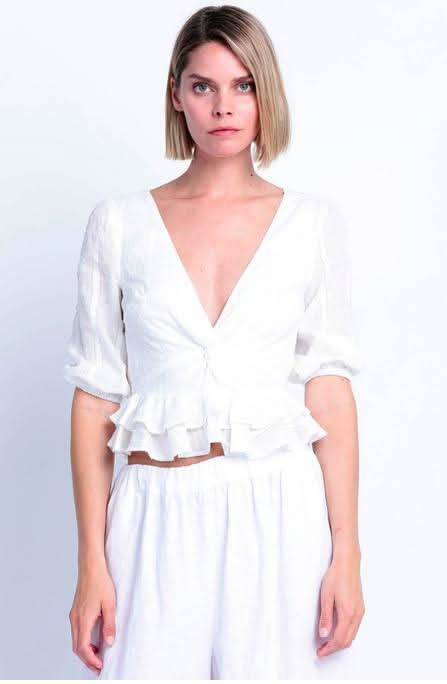 Champs-Élysées White Swiss Dot Ruffle Top, a peplum ruffle top