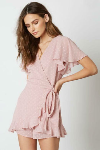 Mauve backless surplice romper front view