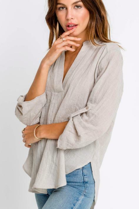 Just In Time Taupe Roll Tab Sleeve Top -  BohoPink