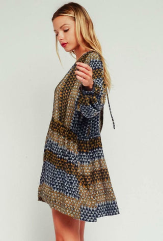 Rachel Indigo and Gold Plunge Swing Dress side view