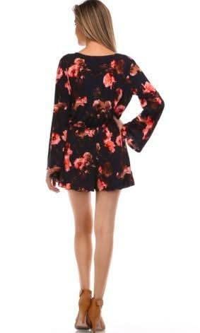 Serendipity Navy Floral Bell Sleeve Romper - Back View
