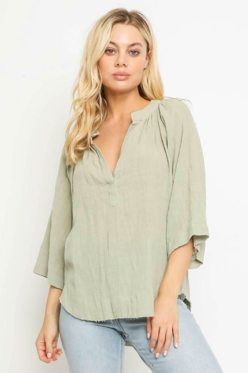 Sage Green Three-Quarter-Sleeve Top -  BohoPink