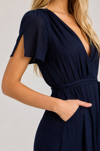 Navy Blue Satin Midi Wrap Dress closeup view