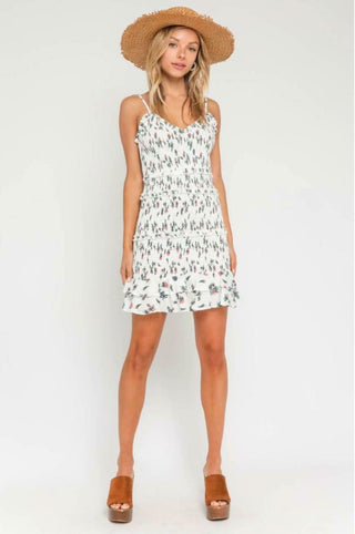 Rhea White and Red Floral Smocked Ruffle Mini Dress full outfit view