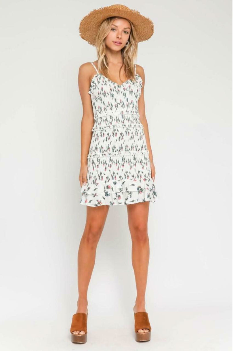 White and Pink Floral Ruffle Mini Dress