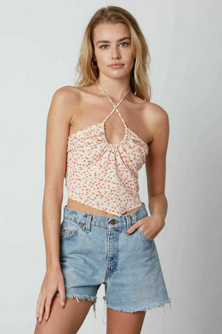 Salmon pink floral halter crop top