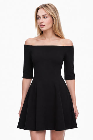 Be Bold Black Off-The-Shoulder Skater Dress - Front View