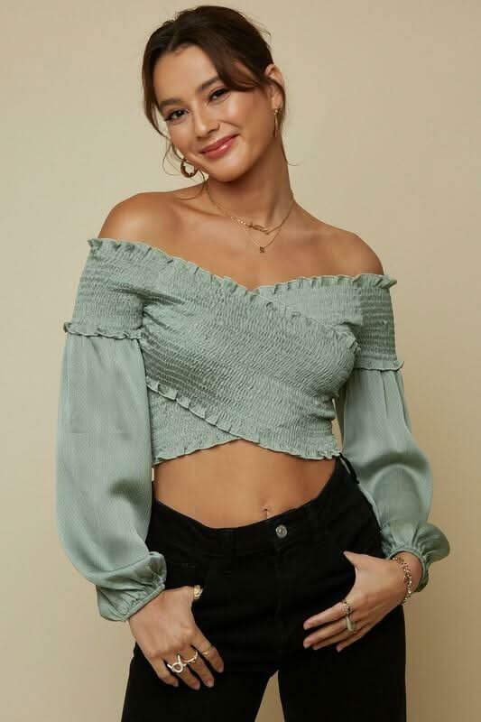 Sage Off-the-Shoulder Long Sleeve Crop Top