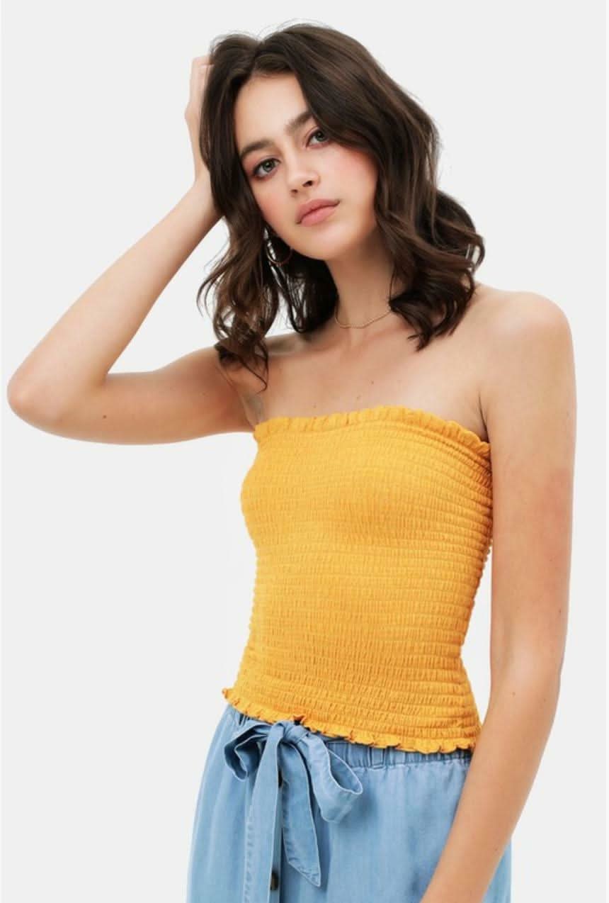 Love Tree Kiss The Sun Yellow Smocked Tube Top - Size M - Elasticized Strapless Neckline - Lettuce Ruffle Trim - Rayon/Poly/Spandex Love Tree Kiss The Sun Yellow Smocked Tube Top - Size M - Elasticized Strapless Neckline - Lettuce Ruffle Trim - Rayon/Poly/Spandex