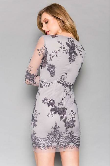 Silver Floral Sequin Long Sleeve Mini Dress