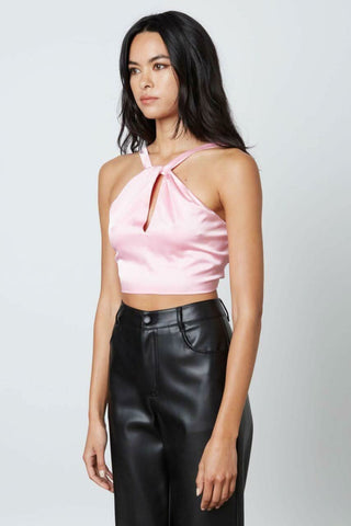 Pink satin lace-up back crop top with halter neckline