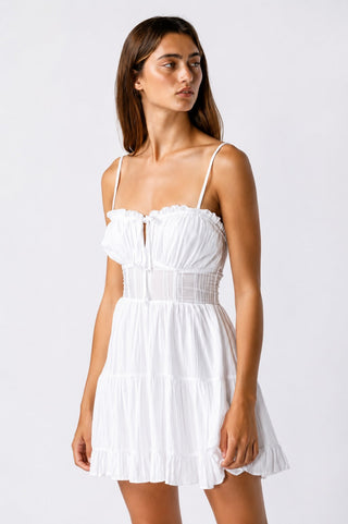 White bustier mini dress with cami straps and tiered ruffle skirt - Styled for graduation