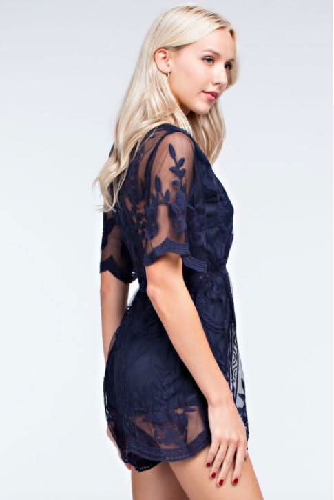 Endless Lace Navy Deep V Romper -  BohoPink