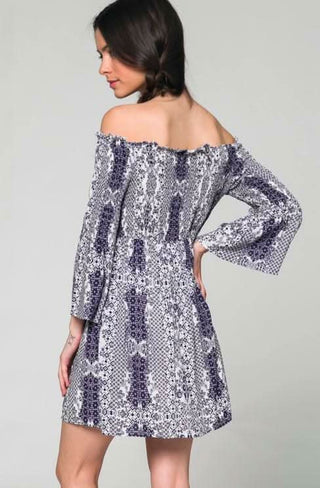 Soma Off-The-Shoulder Flared Dress - Navy Print Design
