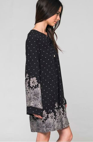 Black Floral Bell Sleeve Dress with a patter border print