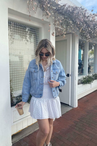 Blair White Eyelet Dress with Denim Jacket Lifestyle View
