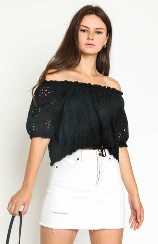 Kaylee Black Eyelet Off-the-Shoulder Crop Top - Front View