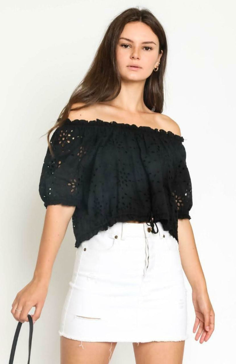 Kaylee Black Eyelet Off-the-Shoulder Crop Top -  BohoPink