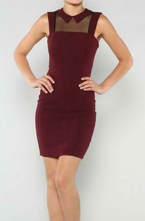 First Lady Sheer Panel Burgundy Collar Dress - Front View
