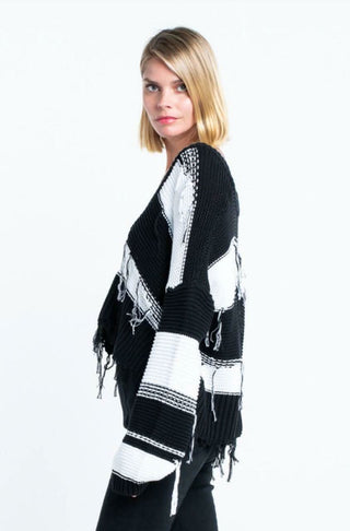 Kara Black and White Striped Fringe Ripped Sweater - Side View 