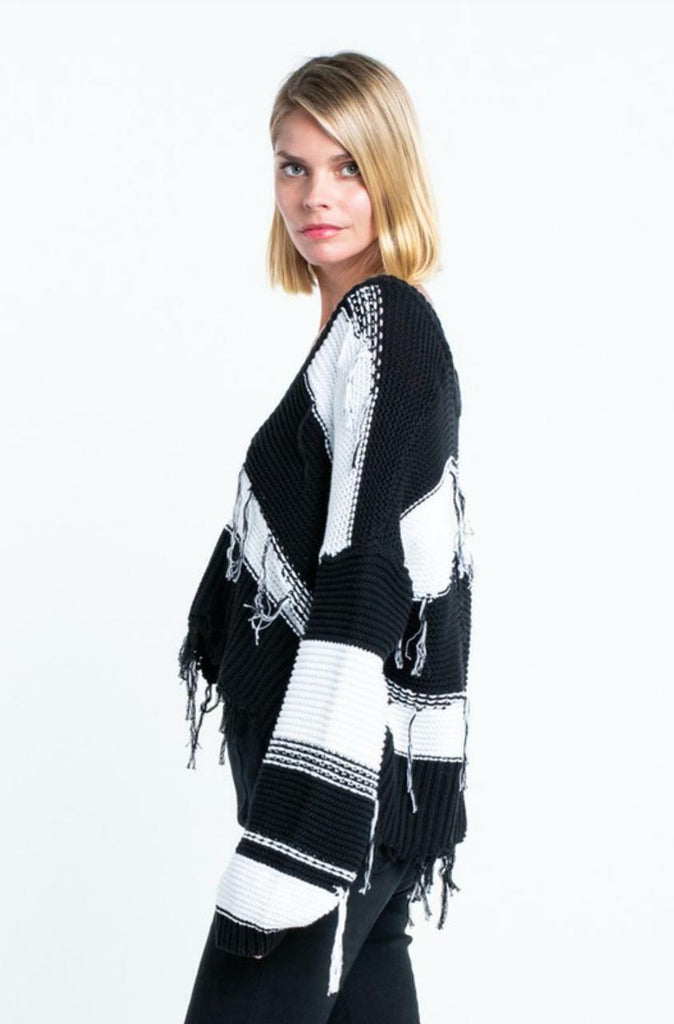 Black and White Striped Fringe Ripped Sweater