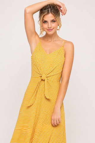 Consider This Mustard and White Striped Maxi Tank Dress - Close-Up View