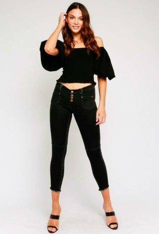 Stevie Black Off-the-Shoulder Bubble Sleeve Smocked Top - Outfit View