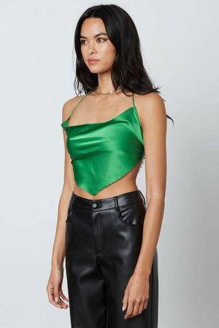 Kelly green satin crop top with halter neckline and tie-back detail