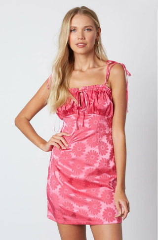 Fuchsia satin floral homecoming mini dress front view