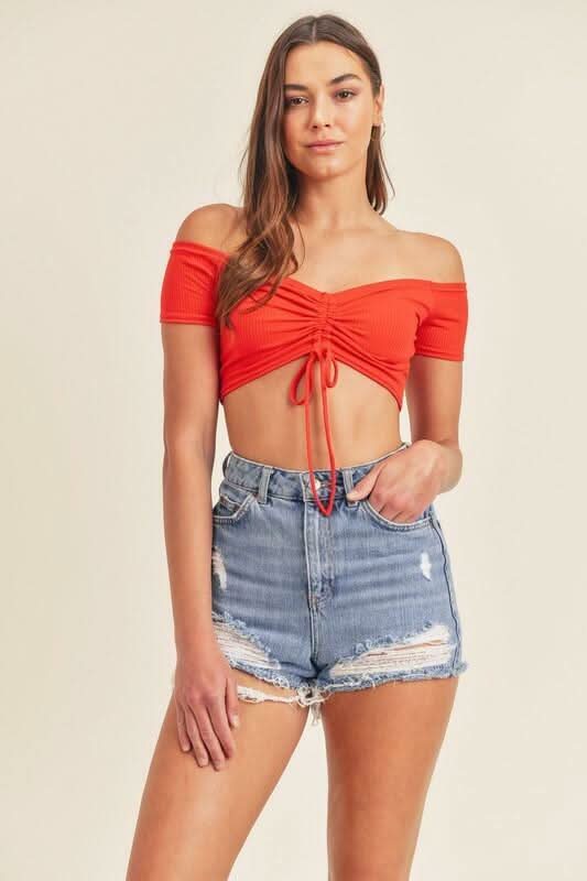  Red Drawstring Off-the-Shoulder Crop Top