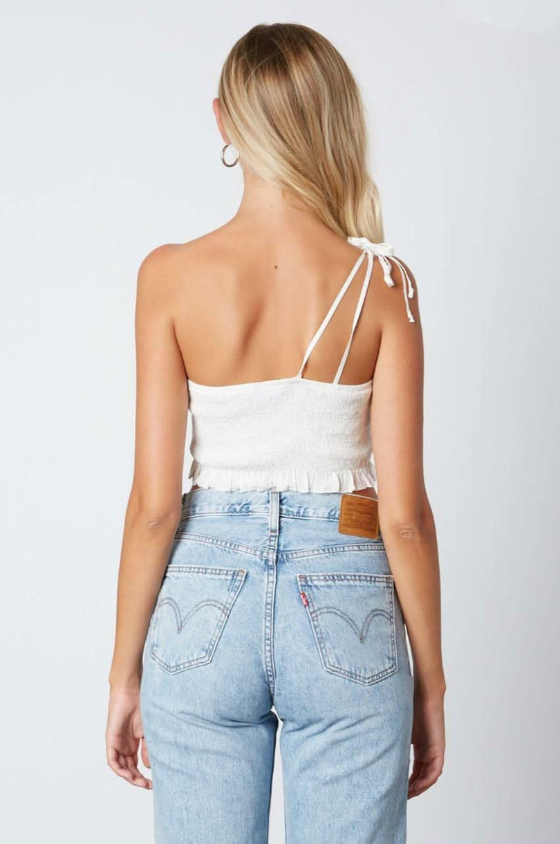 Kayla White Smocked One-Shoulder Crop Top -  BohoPink
