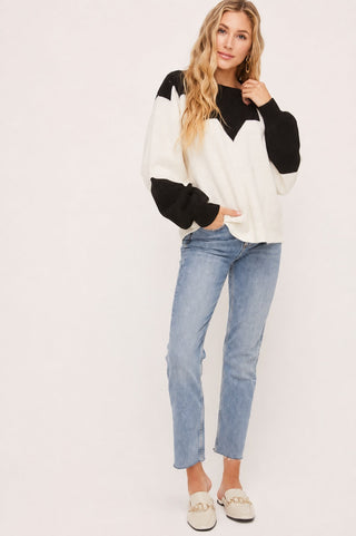 Just In Time Ivory and Black Colorblock Crew Neck Sweater - Fall Outfit View