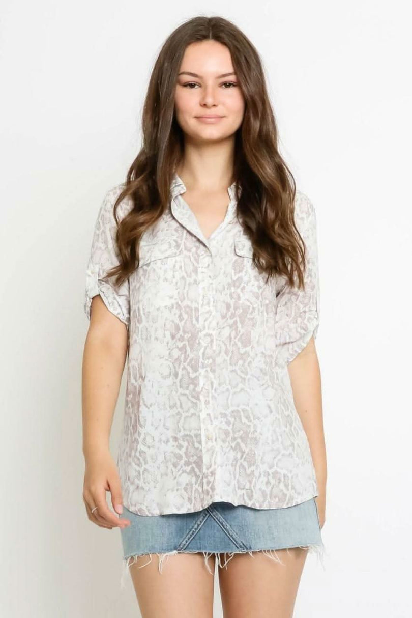 Snake Print Button-Up Short Sleeve Shirt