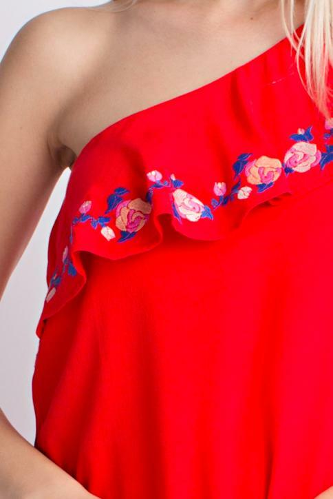 Red Floral One-Shoulder Ruffle Dress