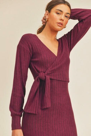 Lush Full Potential Ruby Red Wrap Long Sleeve Midi Dress tie detail view