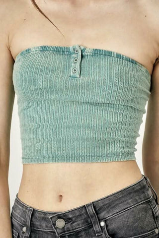 Avery Washed Green Ribbed Tube Top detail