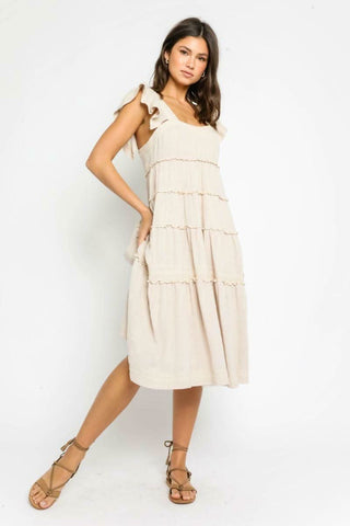 Beige Tiered Ruffle Sleeve Midi Dress