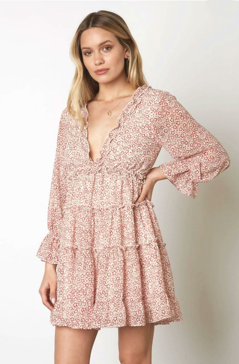 Red Floral Long Sleeve Mini Dress 