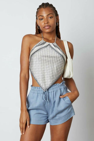 Slate blue smocked waist linen blend shorts front view