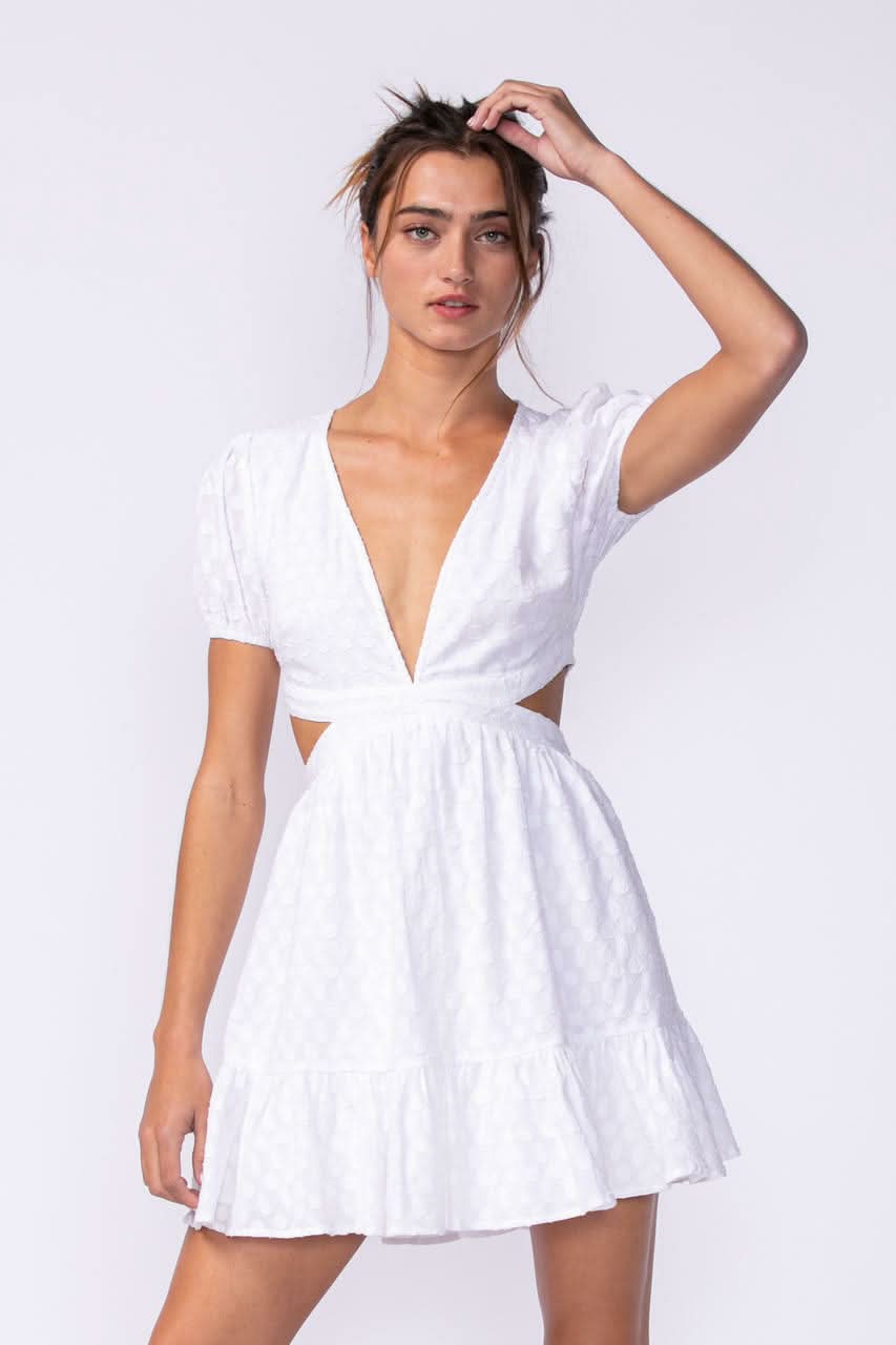 White Dress - Cutout Waist Puff Sleeve Dress | Boho Pink White Dress - Cutout Waist Puff Sleeve Dress | Boho Pink
