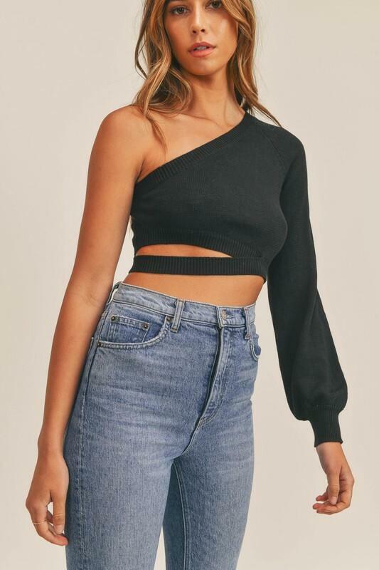 Black One-Shoulder Cropped Sweater 