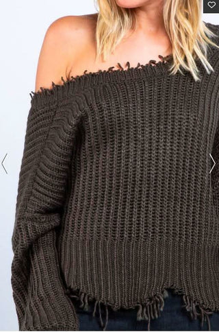 Lexi Olive Green Ripped Sweater -  Detailed View