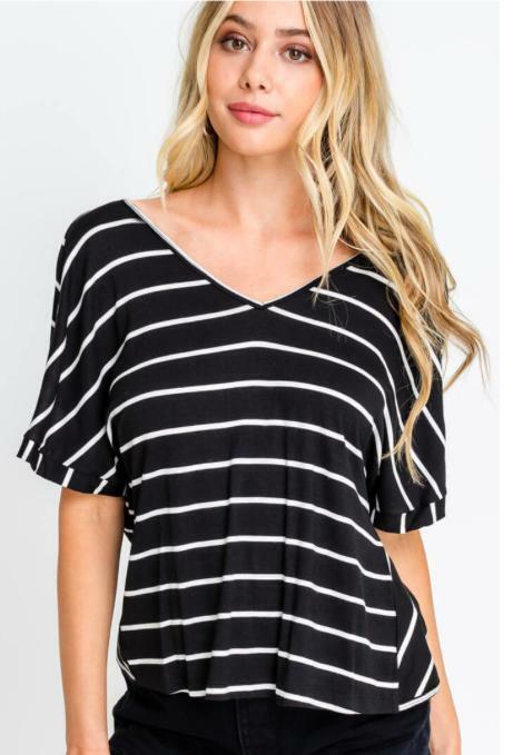 Short Sleeve Black and Ivory Striped Twisted Back Tee
