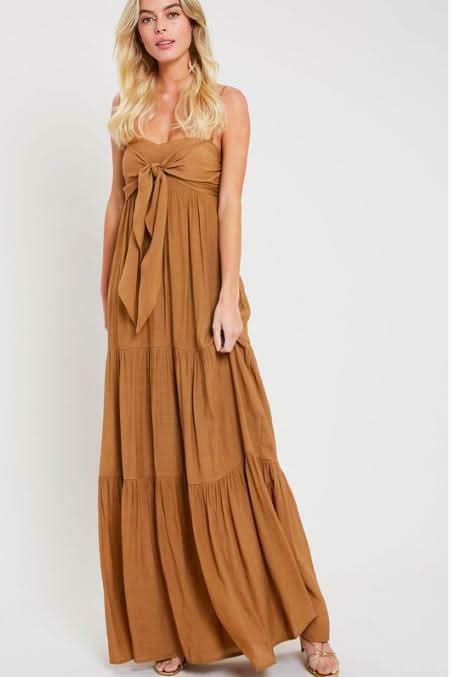 Camel Tie-Front Dress - Tiered Maxi Dress | Boho Pink Camel Tie-Front Dress - Tiered Maxi Dress | Boho Pink