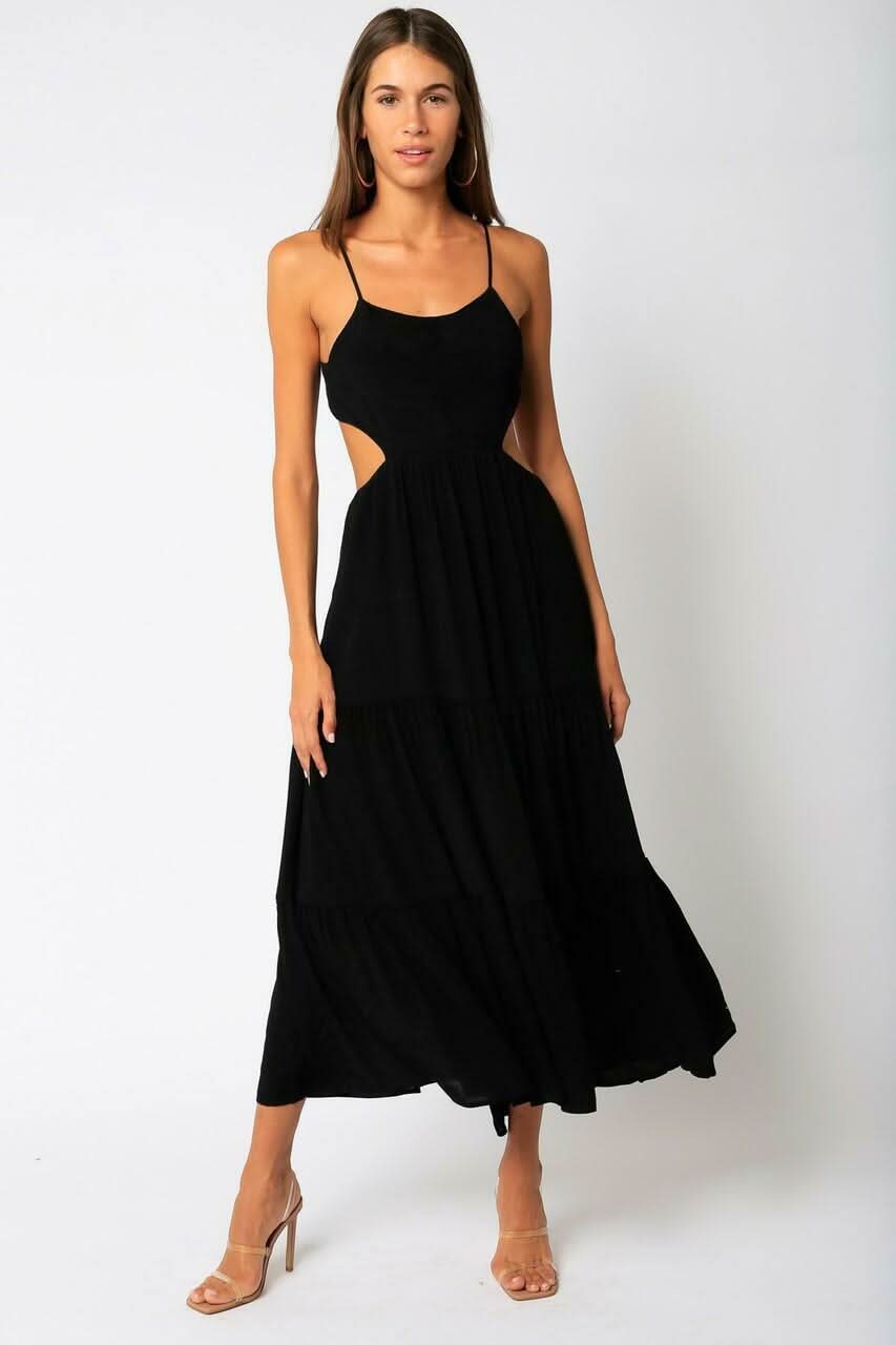 Black Midi Dress - Cutout Tiered Midi Dress | Boho Pink Black Midi Dress - Cutout Tiered Midi Dress | Boho Pink