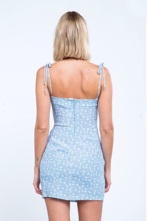 First Crush Light Blue Floral Triple Tie Cami Dress - Back View