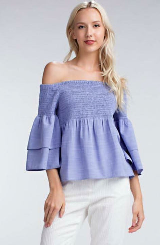 blue off the shoulder smocked top front view