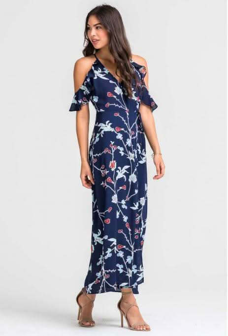 Navy Floral Cold-Shoulder Maxi Dress 