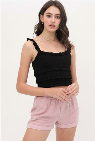 Copa Black Smocked Cropped Tank Top frint